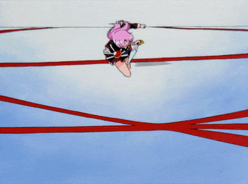 a girl with pink hair is holding a sword while standing on a red ribbon