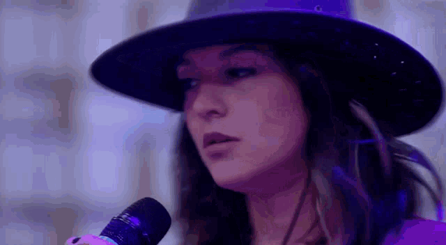 a woman in a purple hat is holding a pink microphone .