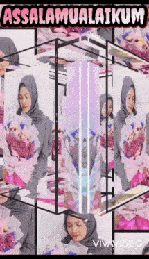 a woman in a hijab is holding a bouquet of flowers in a video that says assalamualaikum