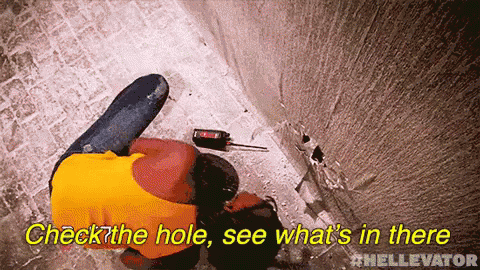 Check The Hole, See What'S In There GIF - Hellevator Scared Hellevator Series GIFs
