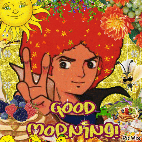 a cartoon of a woman with red hair giving the thumbs up and the words good morning