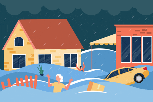 an illustration of a flooded area with a car and a house