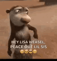 a cartoon opossum is standing in the dirt and saying `` hey lisa weasel , peace out lil sis `` .