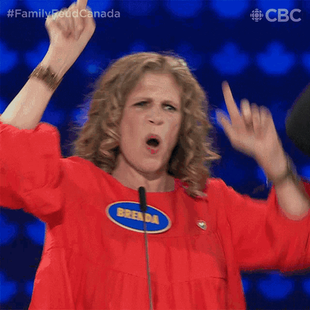 a woman in a red dress with the name brenda on the front