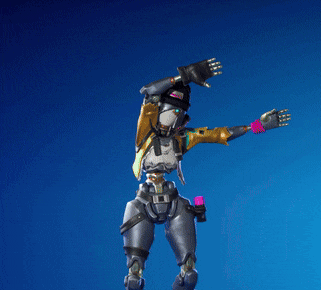 a robot wearing a yellow jacket and a hat is dancing on a blue background
