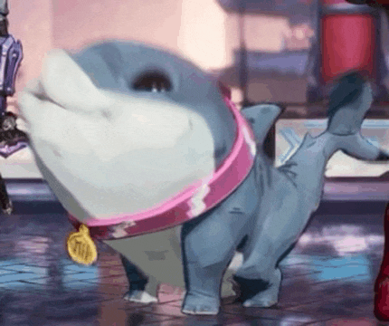 a cartoon dolphin with a pink collar and a medal around its neck .