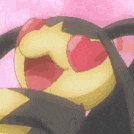 a close up of a cartoon character with red eyes and a heart in its mouth .