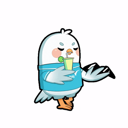 a cartoon bird wearing sunglasses is holding a drink with a straw