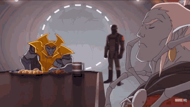 a cartoon of a man sitting at a table with a plate of food and marvel hq written on the bottom