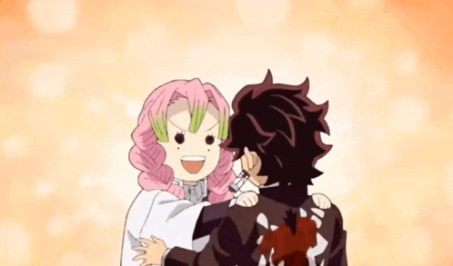 a cartoon of a girl with pink hair hugging a man