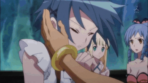 a group of anime girls including one with blue hair and a bracelet on her wrist