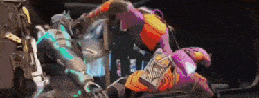 a video game character is fighting another character in a video game in a dark room .