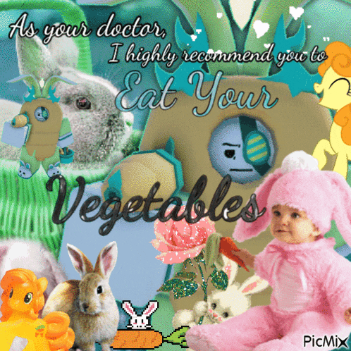 a baby in a pink bunny costume is surrounded by stuffed animals and the words " as your doctor "