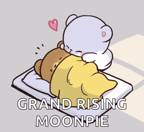 a cartoon of two bears laying on a bed with the words grand rising moonpie below them