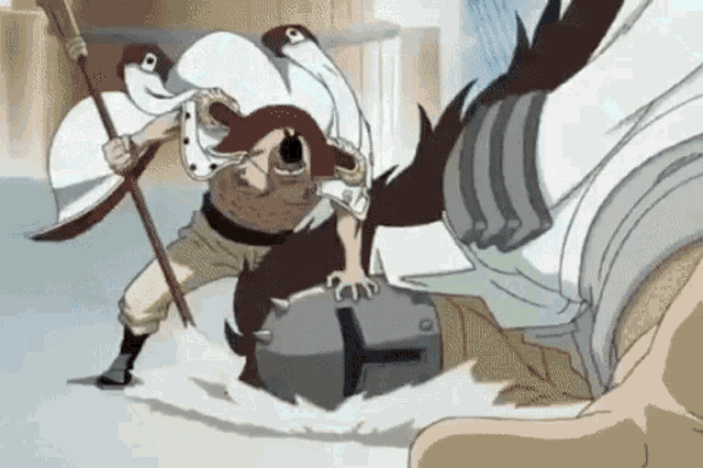 a man in a white coat is holding a sword and a barrel while fighting another man .
