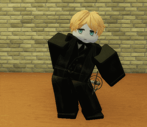 a cartoon character with blonde hair and blue eyes is wearing a black suit and tie