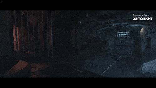a dark room with greetings from catto right written on the bottom