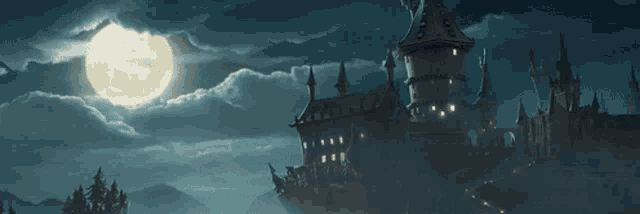 a bird is flying in front of a castle with a full moon behind it