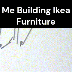 a picture of a person kneeling down with the words me building ikea furniture above them