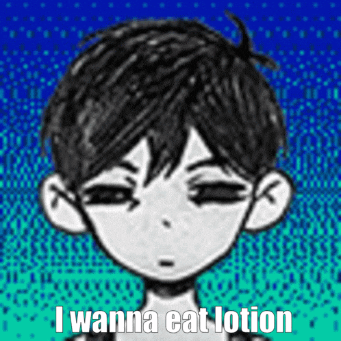 a drawing of a boy with the words " i wanna eat lotion " on the bottom