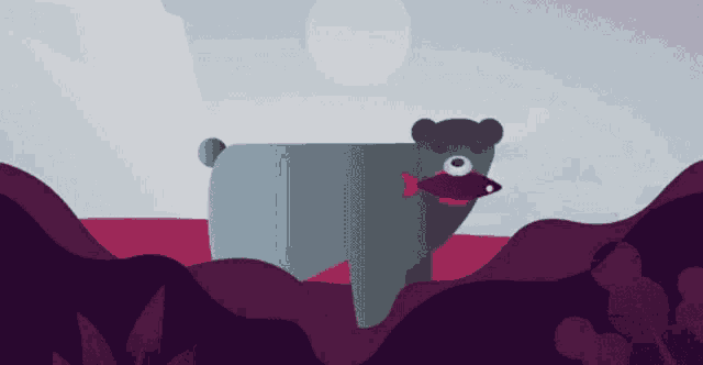 a bear with a fish in its mouth is standing in a field