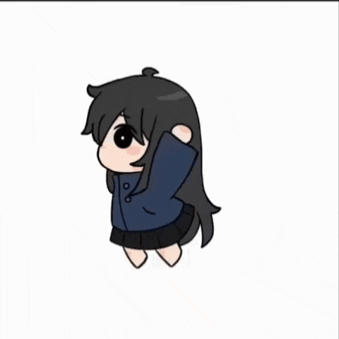 a cartoon drawing of a girl with long black hair wearing a blue jacket and skirt .