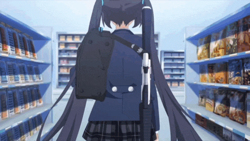 a girl with long hair is walking through a store with a gun on her back