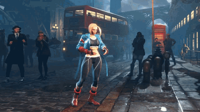 a woman in a superhero costume is standing in front of a red double decker bus