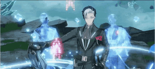 a man in a suit and mask is standing in front of a group of ghosts in a video game .