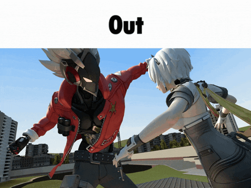 a man in a red jacket is standing next to a woman in a white outfit and the word out is above them