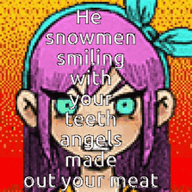 a pixel art of a girl with pink hair smiling with her teeth angels made out your meat .