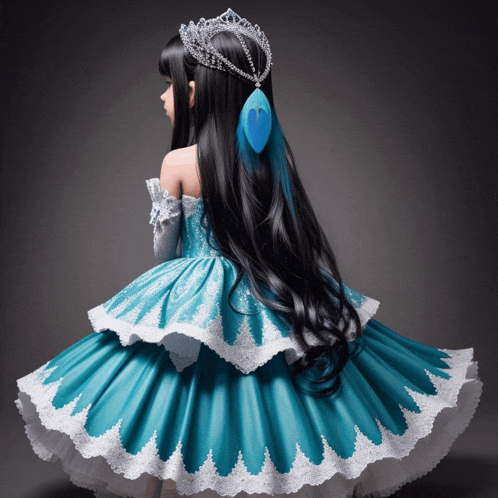 a little girl in a blue and white dress with a crown on her head