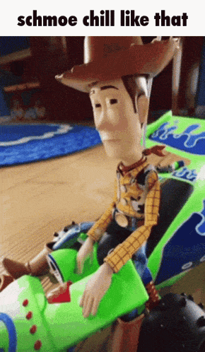 a woody doll is sitting in a toy car and the caption says schmoe chill like that
