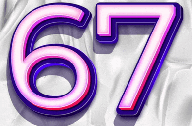 the number 67 is displayed in pink and purple