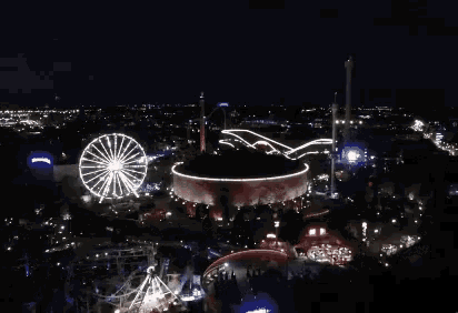 an aerial view of a theme park at night with a ferris wheel and roller coaster .