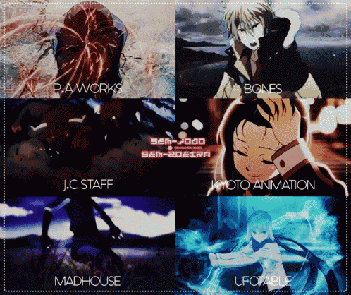 a collage of anime characters including madhouse bones and ufotable