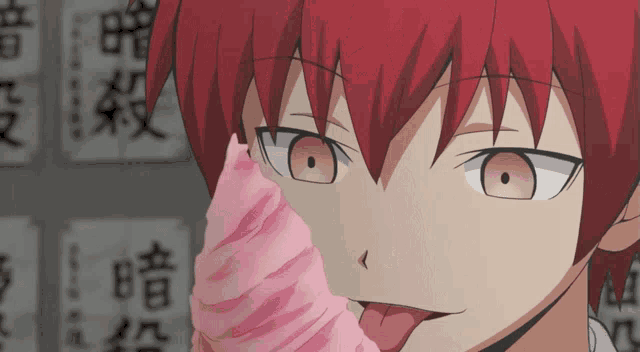 a red haired anime character is licking a pink cotton candy