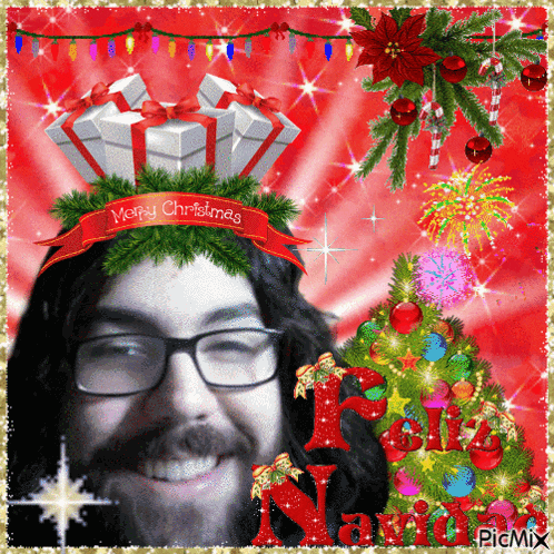 a picture of a man with glasses and a merry christmas ribbon on his head
