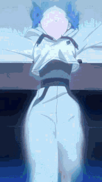 a girl with blue hair and white pants is standing in front of a blue background .