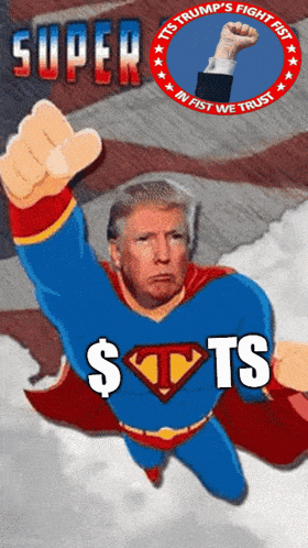 a cartoon of donald trump dressed as superman flying through the air