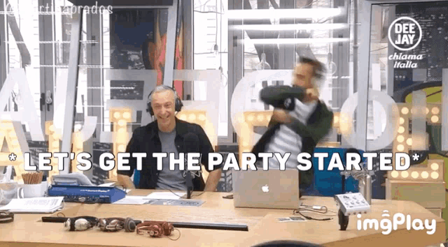 a man in headphones says let 's get the party started in front of a sign that says deejay