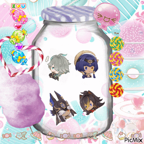 a picture of a jar filled with cartoon characters and candy with the words picmix on the bottom