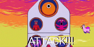 a cartoon of a rocket with a bird flying in front of it and the words attack !!!