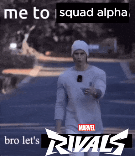 a man walking down a road with a marvel rivals logo on the bottom