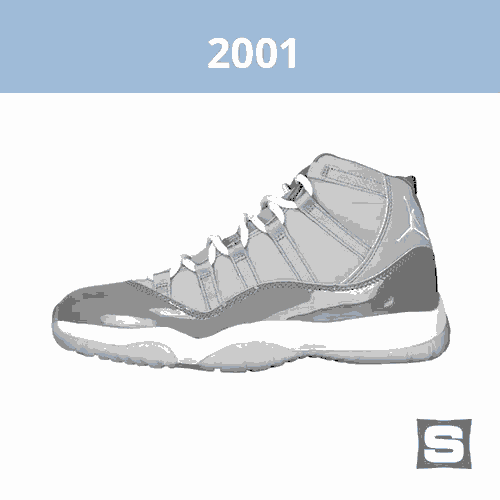 a picture of a shoe from 2001 with a blue background