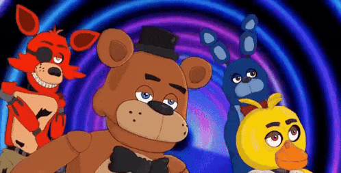 a group of five nights at freddy 's characters are standing next to each other on a blue background .