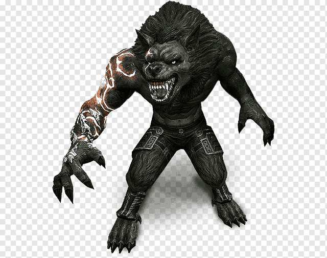 a werewolf with a tattoo on his arm is standing on a clear background