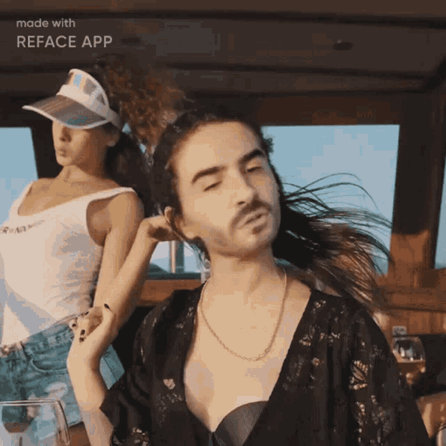 a woman adjusts a man 's hair with a reface app on the bottom