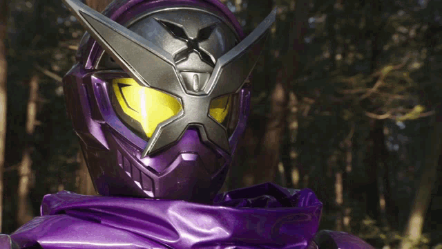 a close up of a person wearing a purple mask