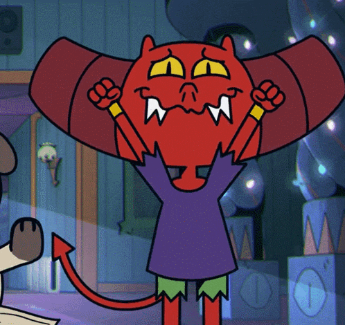 a cartoon character with horns and a tail is smiling and wearing a purple shirt